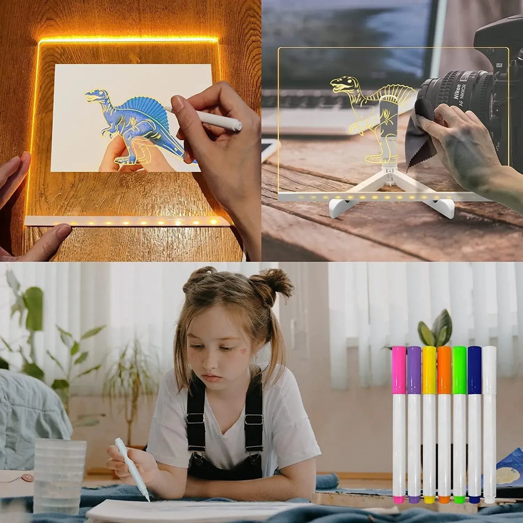 LED Light-Up Writing Board With 7 Marker �15?15 cm Acrylic Message Pad with Stand | Colorful DIY Notes & Erasable Neon Pens