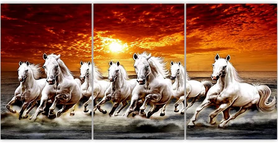 ?? Majestic Seven White Horses Running on Porcelain Tile Art - Fiery Sunset Triptych