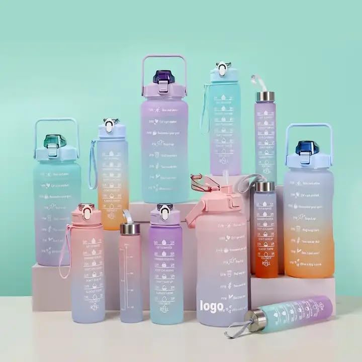 Sports Water Bottles 3 Pcs Set with Motivational Time Marker &amp; Leak Proof Flip Top Lid  (random color)