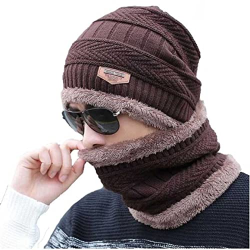 Winter Cap and neck Elastic Knitting Thick Fleece Warm Woolen Beanie Cap Sport Hat &amp; Neck Scarf Set 2 Piece(Random colors)