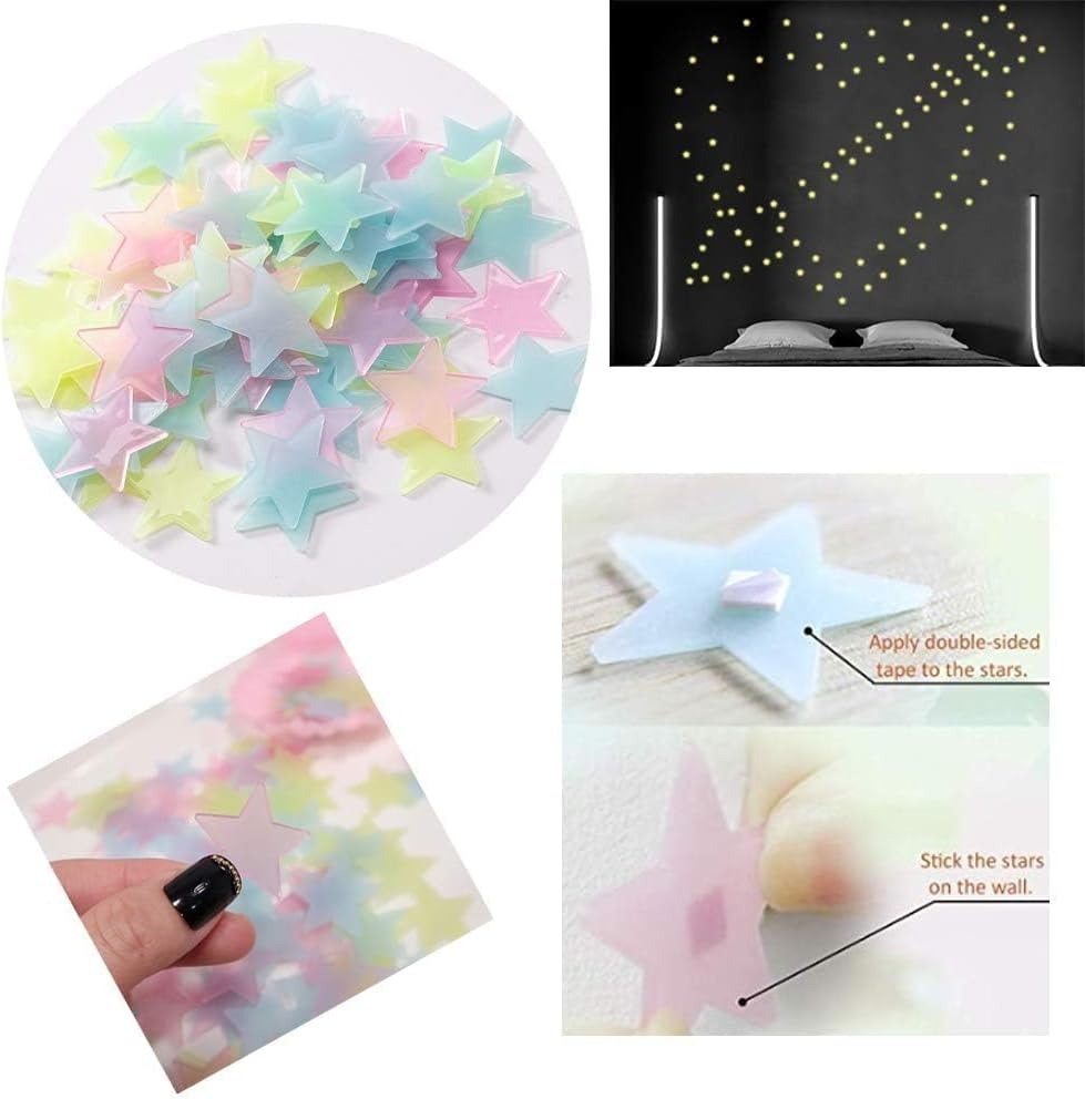 Pack of 100 �3D Glowing Stars for Ceiling and Wall Decoration �Luminous Night Sky Stickers for Kids�Rooms, Bedrooms, and Nurseries �Glow-in-the-Dark Wall Decals with Adhesive