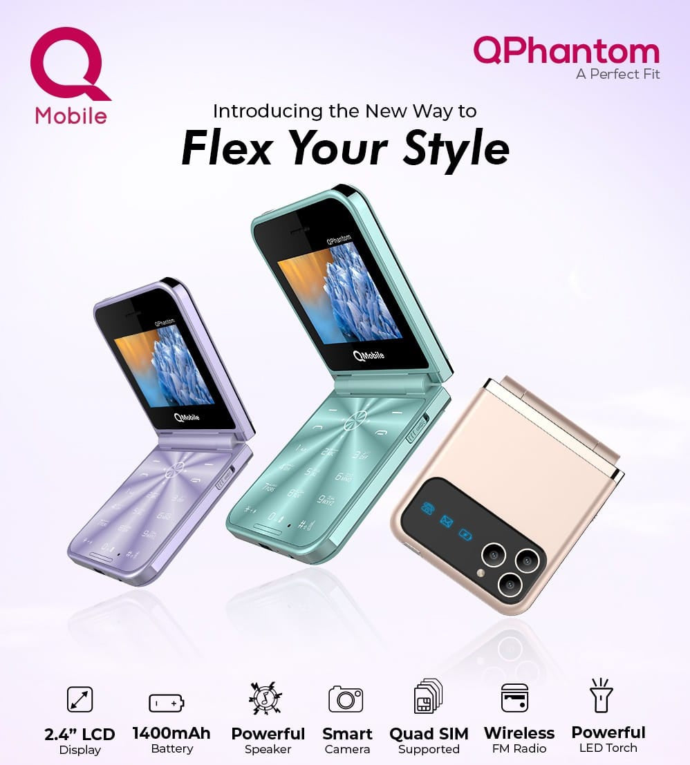 QMobile Phantom Fold 2.4 Inch Display prov PTA Aped Mobile With 1400mAh Battery 4 SIM Support And Type C Charger (Random Color)