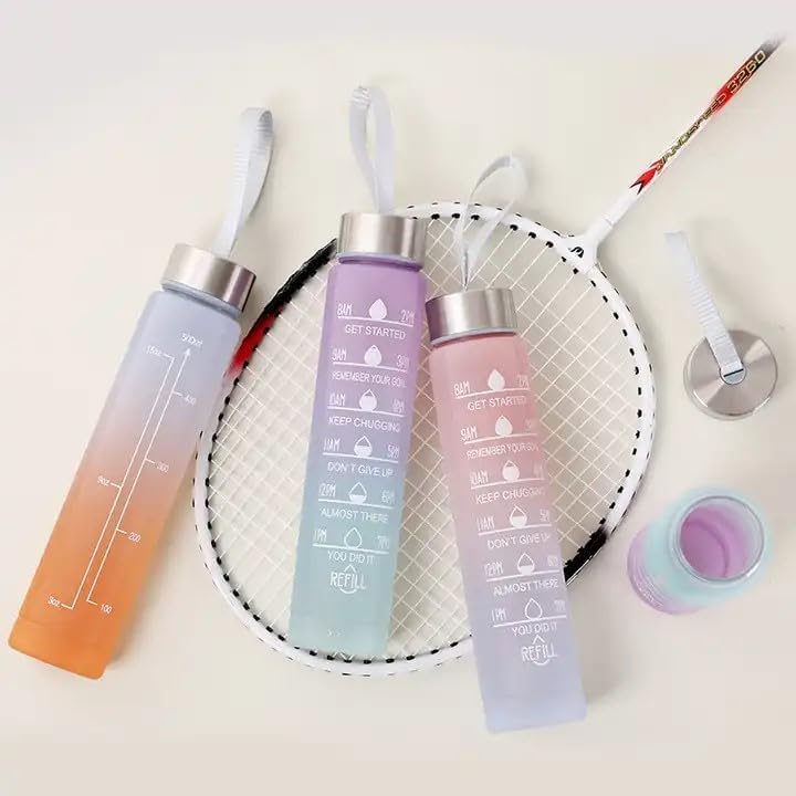 Sports Water Bottles 3 Pcs Set with Motivational Time Marker &amp; Leak Proof Flip Top Lid  (random color)