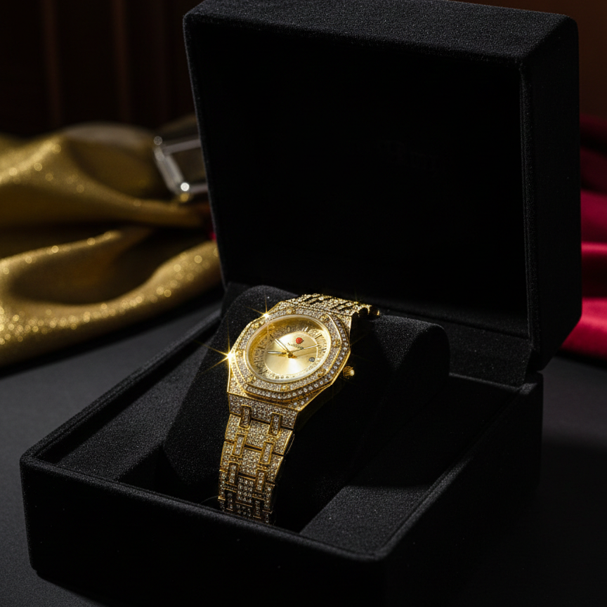 Luxury Gold Diamond-Studded Wrist Watch �Premium Designer Style Quartz Watch for Men & Women (Without Box)
