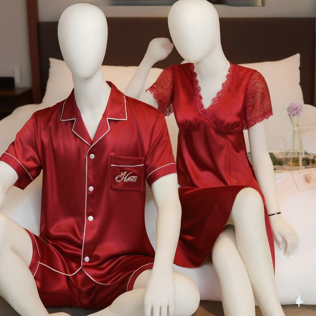Couple Night Suit / Sleepwear Set �Stylish Nightdress & Pajama Shorts | SKU DC-C003 | Maroon (3 Pcs)