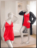 3-Piece Women's Sleepwear Set �Camisole, Shorts & Lace Gown Soft Satin Nightwear Free Size (Black)