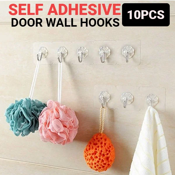 Transparent Strong Self Adhesive Door Wall Hooks For Hanging Kitchen Bathroom Accessories 10 Pcs