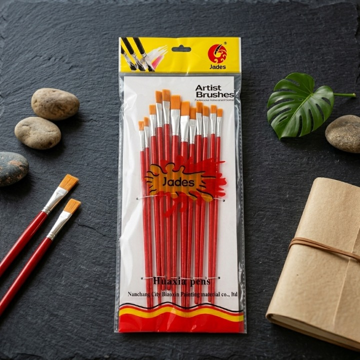 Writing Brush Set 12 Pcs Plastic Handle Flat Tip Brushes For Acrylic Oil And Watercolor Painting