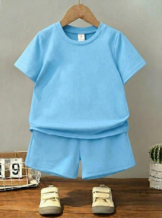 2 PCs Kids Plain Summer Tracksuit Set �Soft Cotton Blend Half Sleeve T-Shirt & Comfortable Shorts Co-Ord Outfit for Boy (Color Red Size Small)
