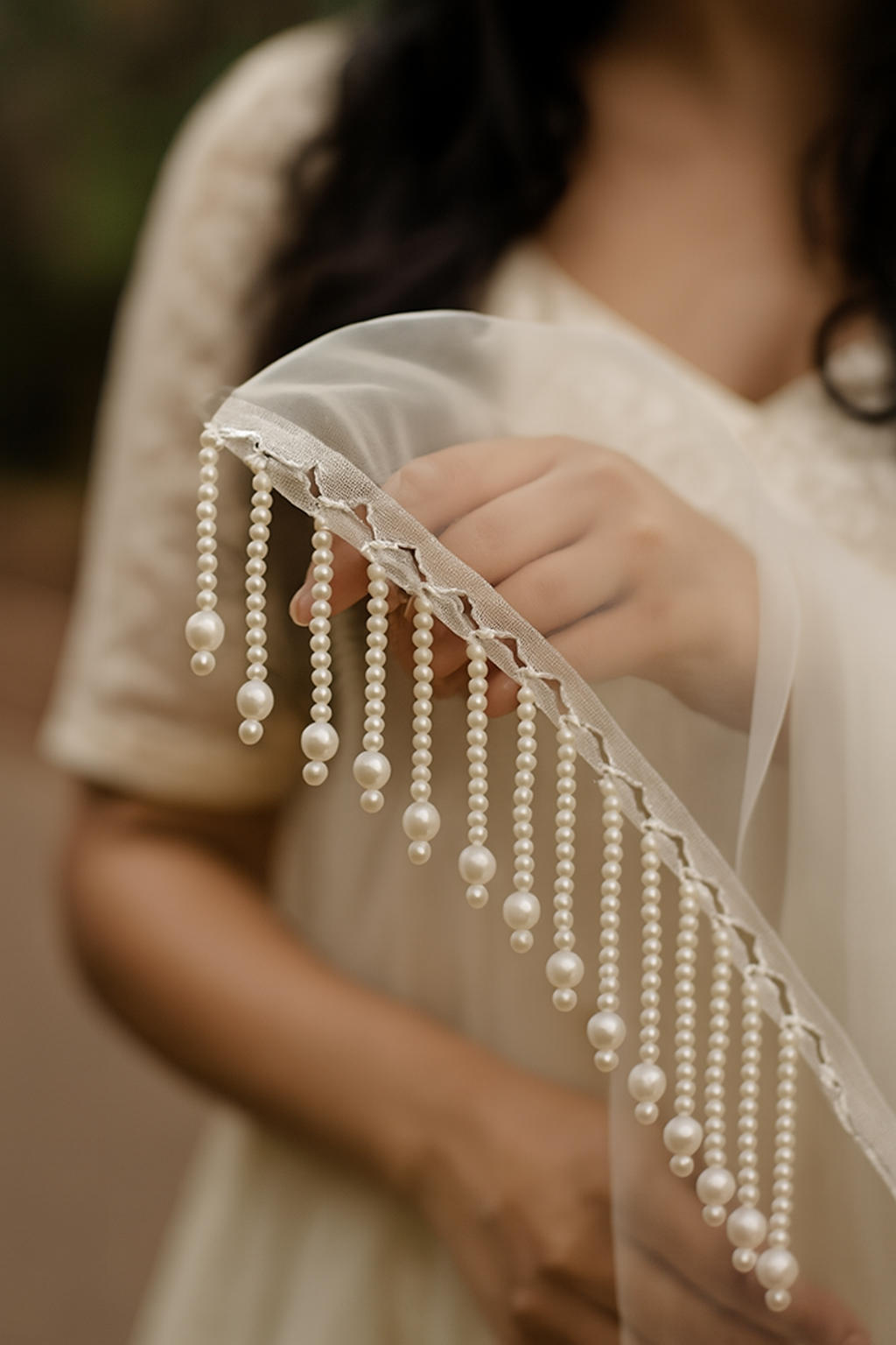 Pearl Latkan Hanging Lace Border for Dupatta & Dress Decoration �1 Gaz (Approx. 1 Yard)