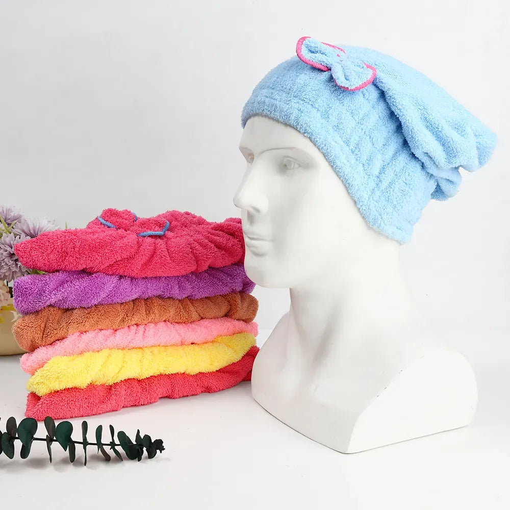 Soft Microfiber Flower Cap Towel for Women �Quick Dry Hair Wrap with Cute Bow Design, Super Absorbent Shower & Bath Turban for Smooth, Frizz-Free Hair (Random Color)