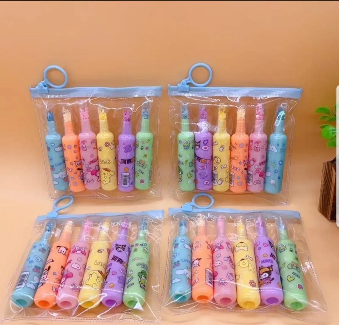 Pack of 6 Bottle Shaped Kromi Character Highlighters for Girls and Boys �Cute Stationery Set