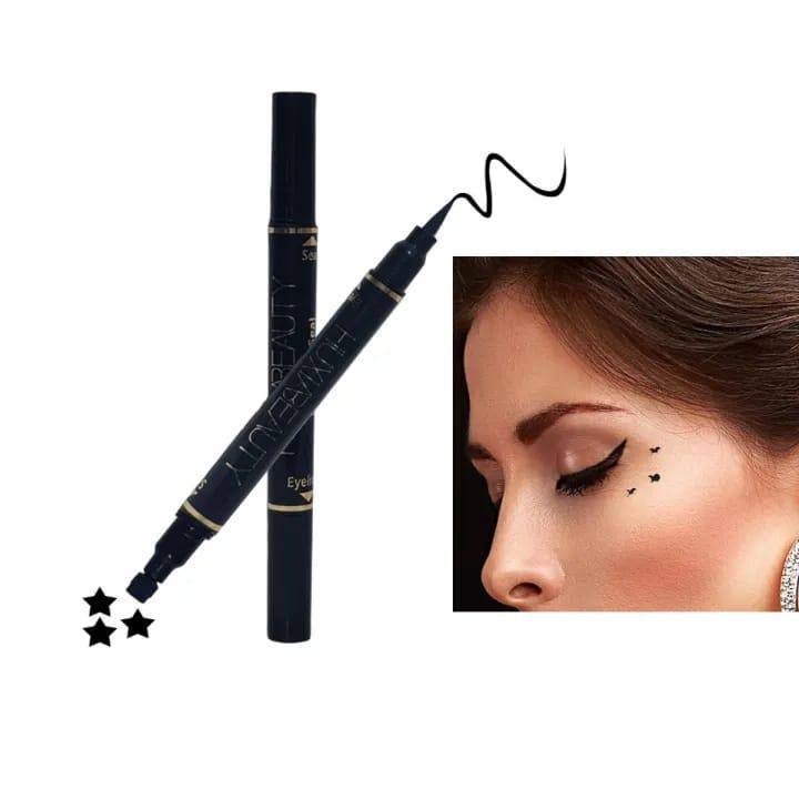 2-in-1 Waterproof Eyeliner & Stamp Liner Pen �Dual-Sided Matte Black Liquid Eyeliner with Precise Felt Tip and Winged Design Seal