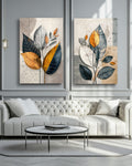 Modern 2-Piece Abstract Flower Wall Frame Set �Navy, Mustard & Gray Leaf Designs 8 X 11