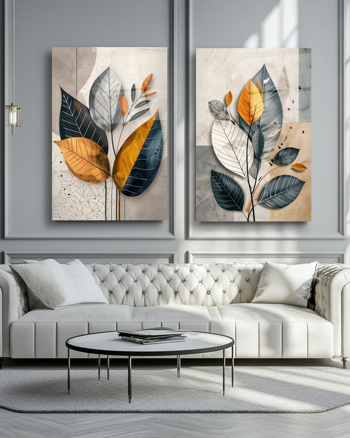 Modern 2-Piece Abstract Flower Wall Frame Set �Navy, Mustard & Gray Leaf Designs 8 X 11