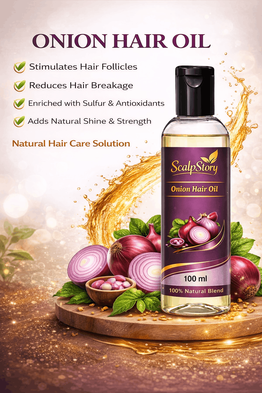 Onion Hair Oil �Natural Hair Growth & Anti-Hair Fall Oil with Sulfur & Antioxidants | Strengthens Roots & Adds Shine | 100 ml