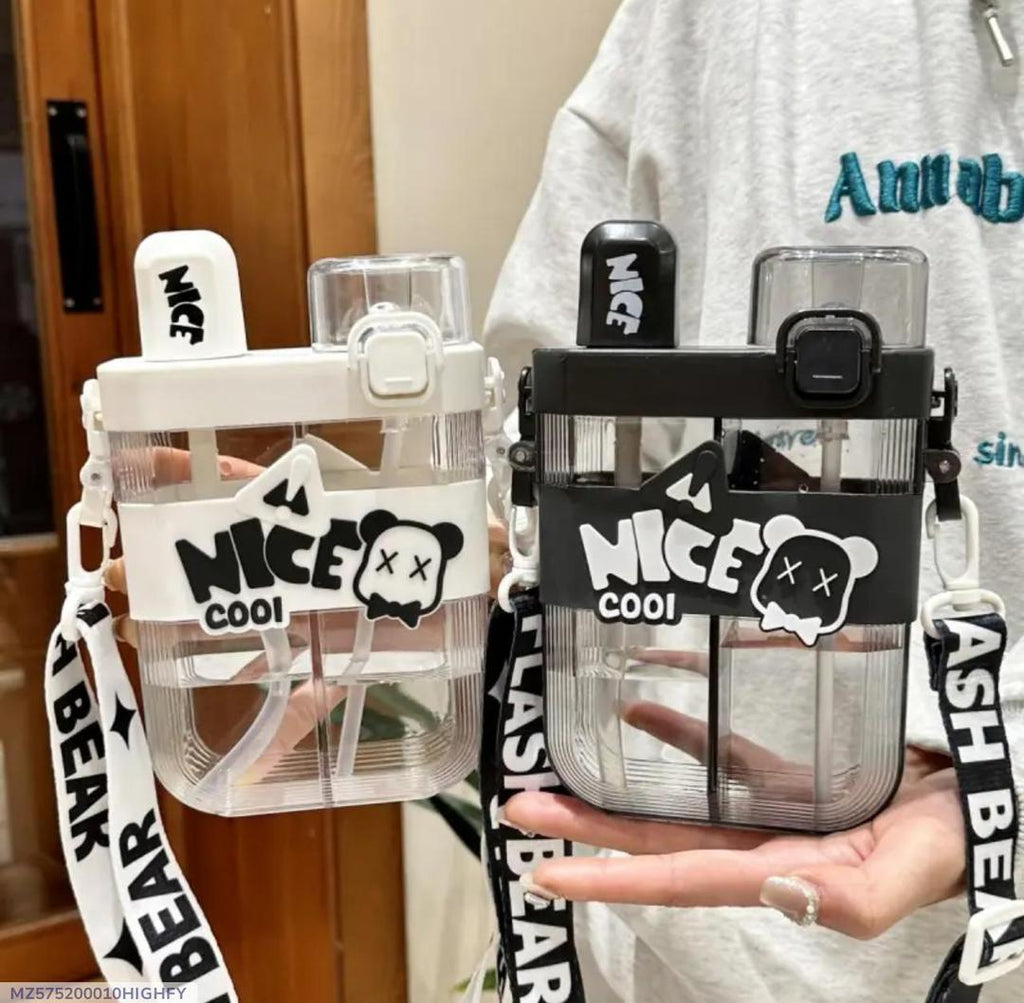 Portable Double Straw Water Bottle Black White Bear Logo