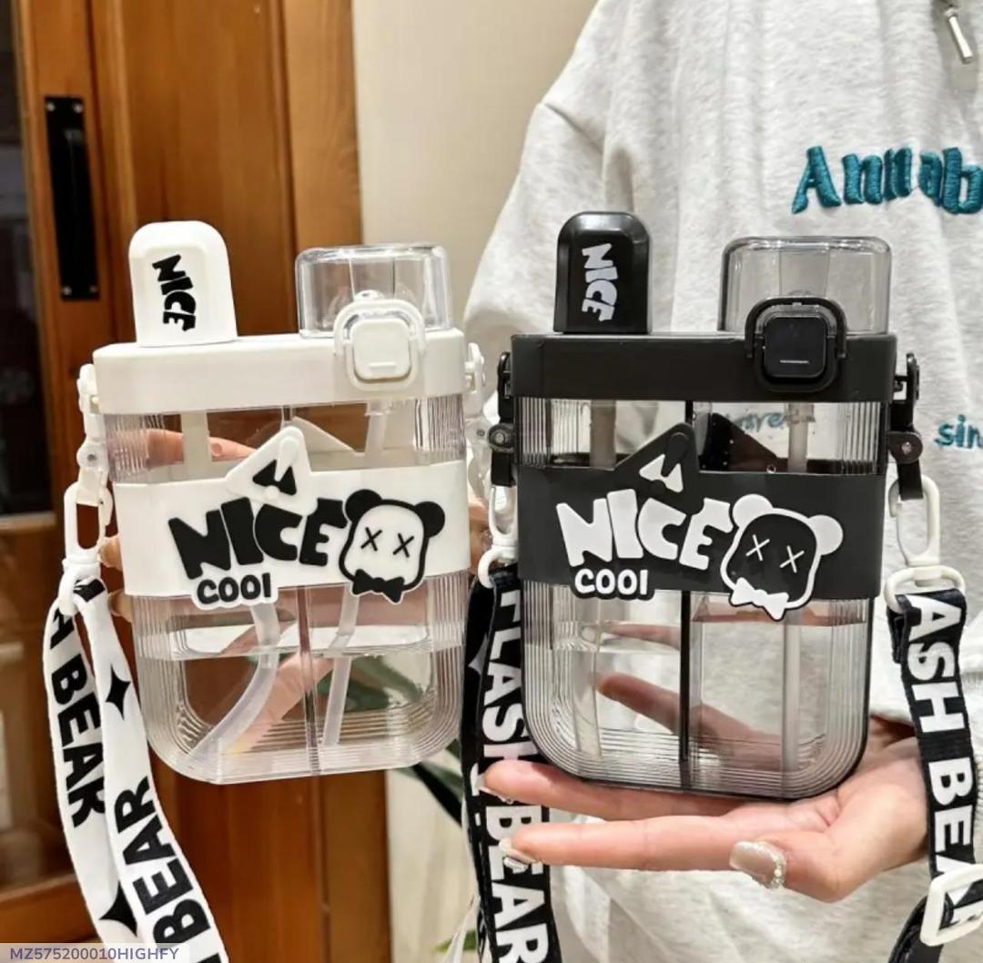 Portable Double Straw Water Bottle Black White Bear Logo
