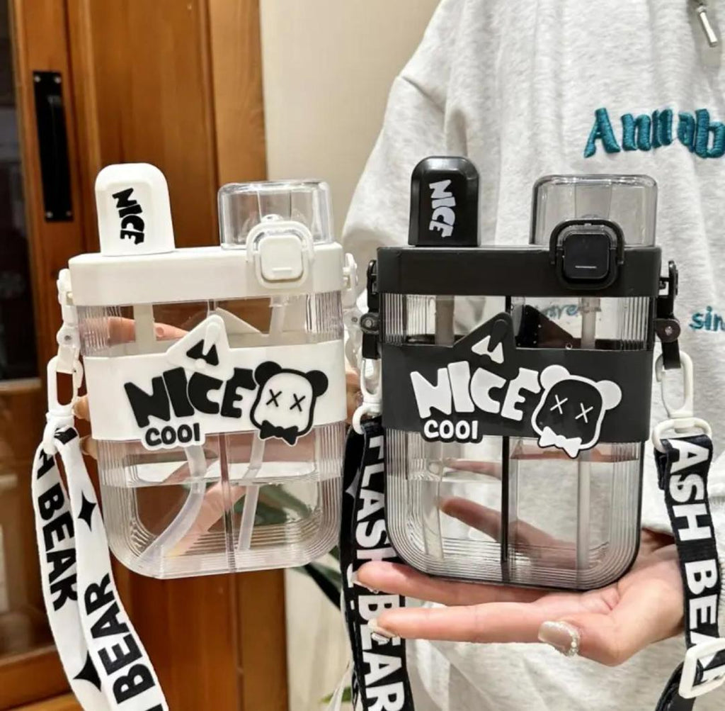 Portable Double Straw Water Bottle Black White Bear Logo