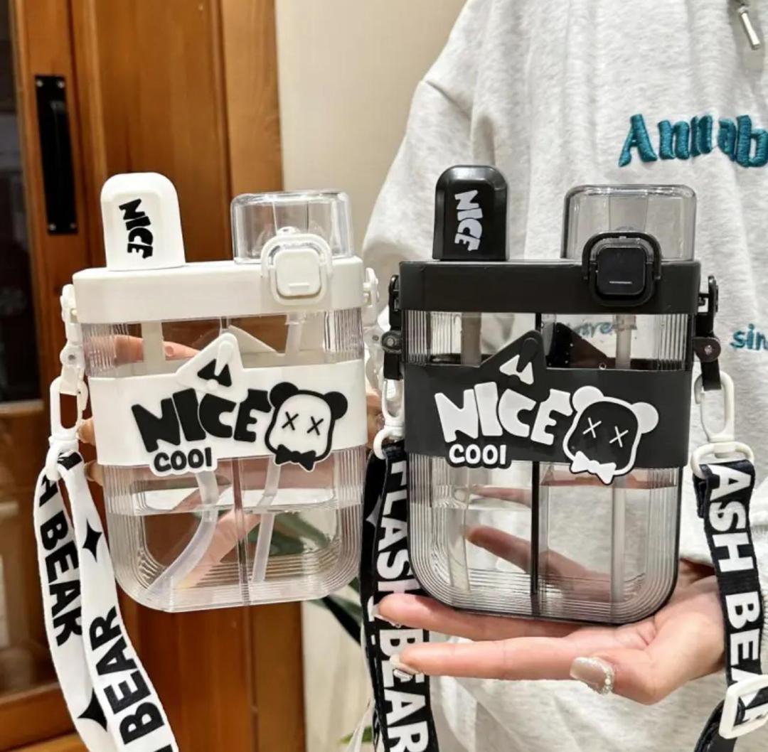 Portable Double Straw Water Bottle Black White Bear Logo