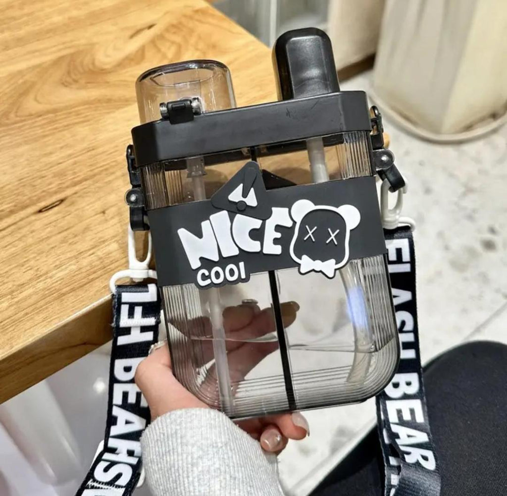 Portable Double Straw Water Bottle Black White Bear Logo