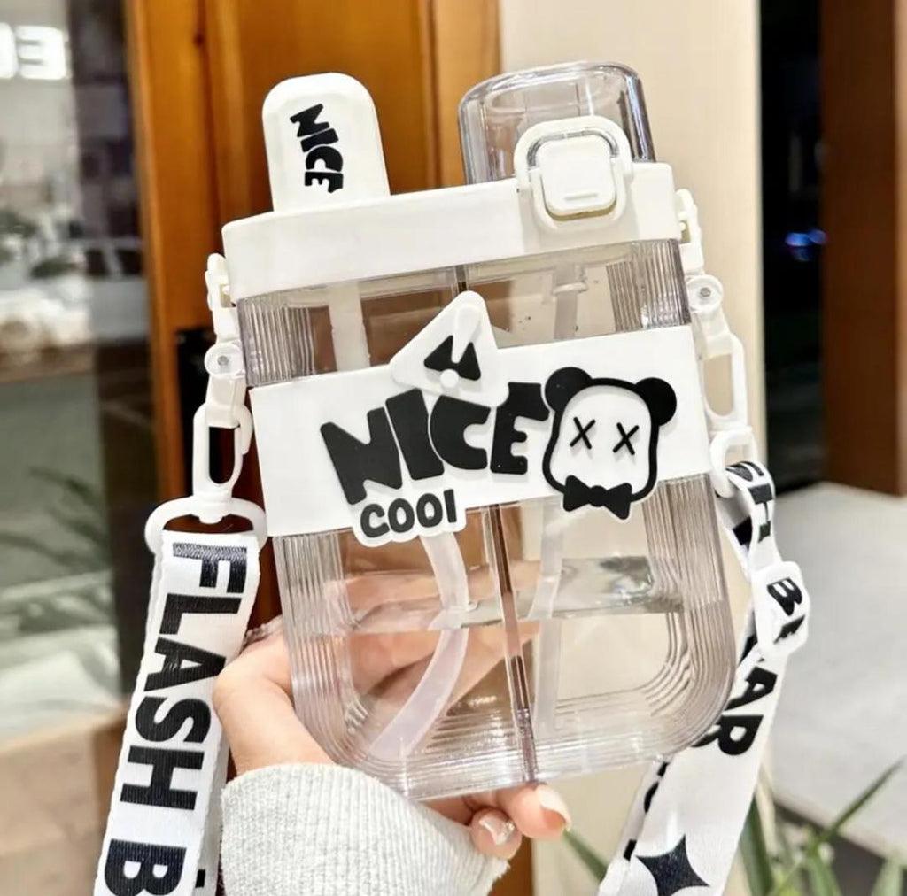 Portable Double Straw Water Bottle Black White Bear Logo