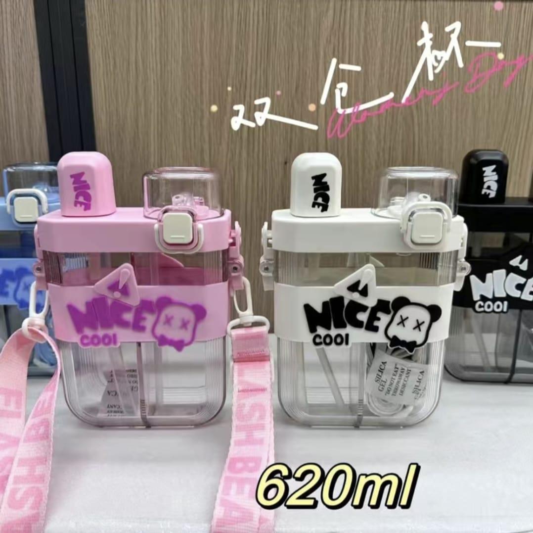 Portable Double Straw Water Bottle Black White Bear Logo