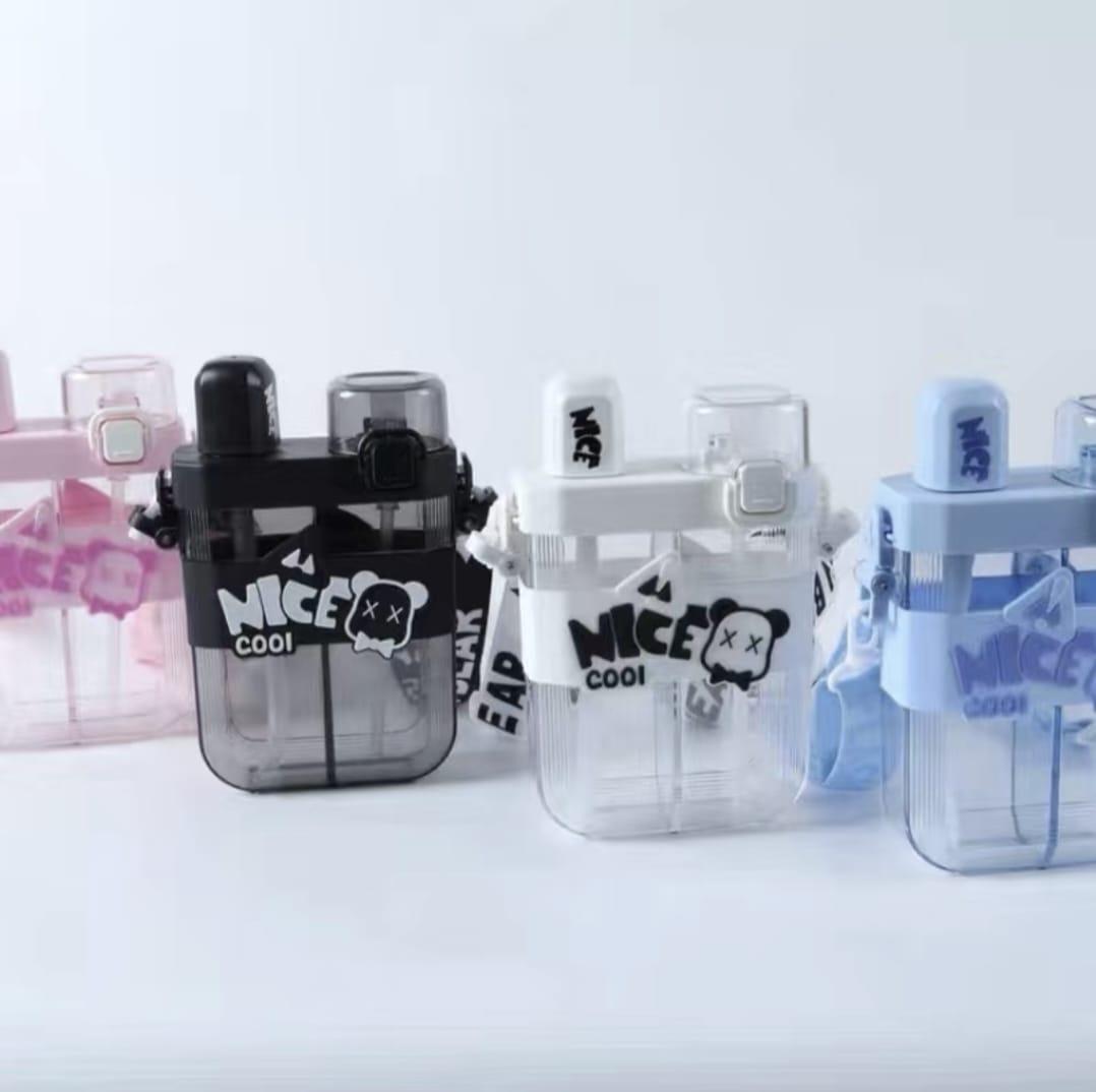 Portable Double Straw Water Bottle Black White Bear Logo