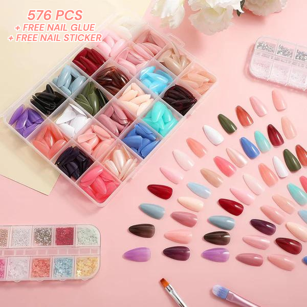 Artificial Nails Pack - 576 Nails with Glue &amp; Stickers