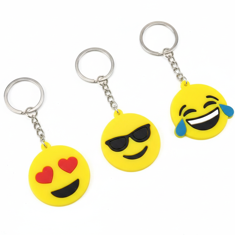 Pack of 3 Assorted Round Emoji Reaction Keychains �Plastic Smiley Face Charms (Random Designs)