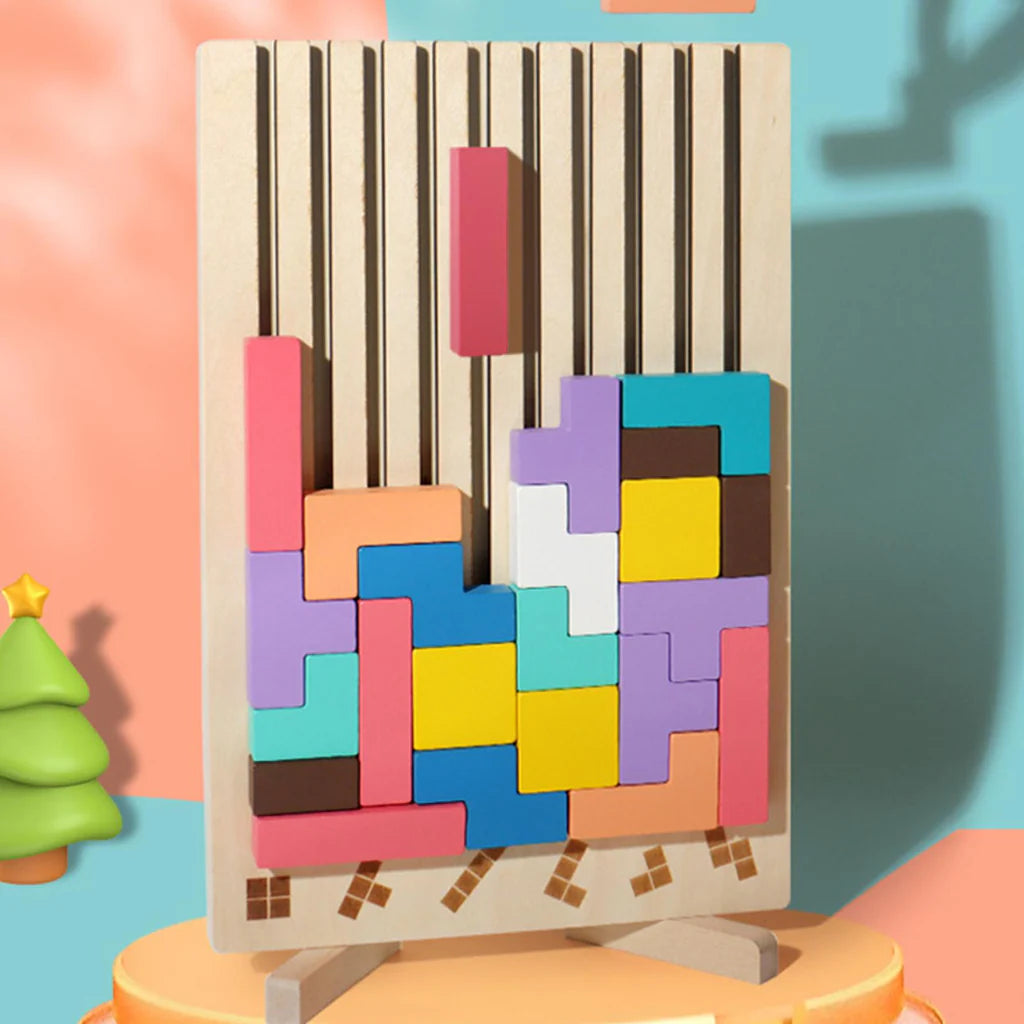 Wooden Puzzle Tetris Game | Montessori Learning Aid | 3D Colourful Blocks | Creative Geometry Toy for Kids & Families
