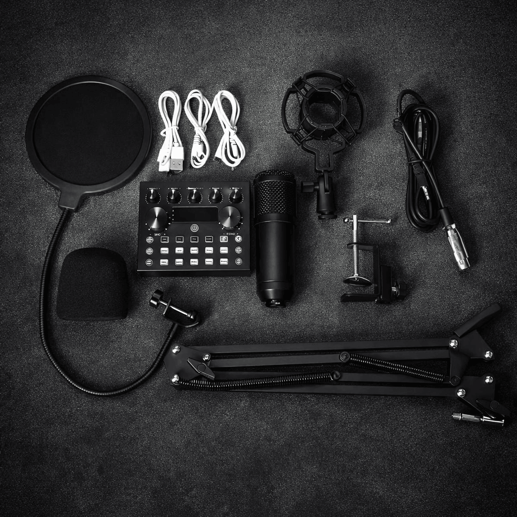 V10 BM-800 Podcast Condenser Microphone Set with Live Sound Card & Adjustable Scissor Arm Stand