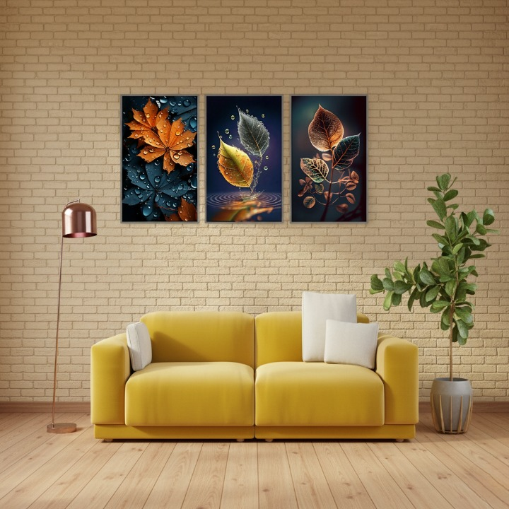 3-Piece Autumn Leaf Wall Art Frames �Decorative 8x11 Inch Modern Home Decor Set with Double Tape for Easy Wall Mounting