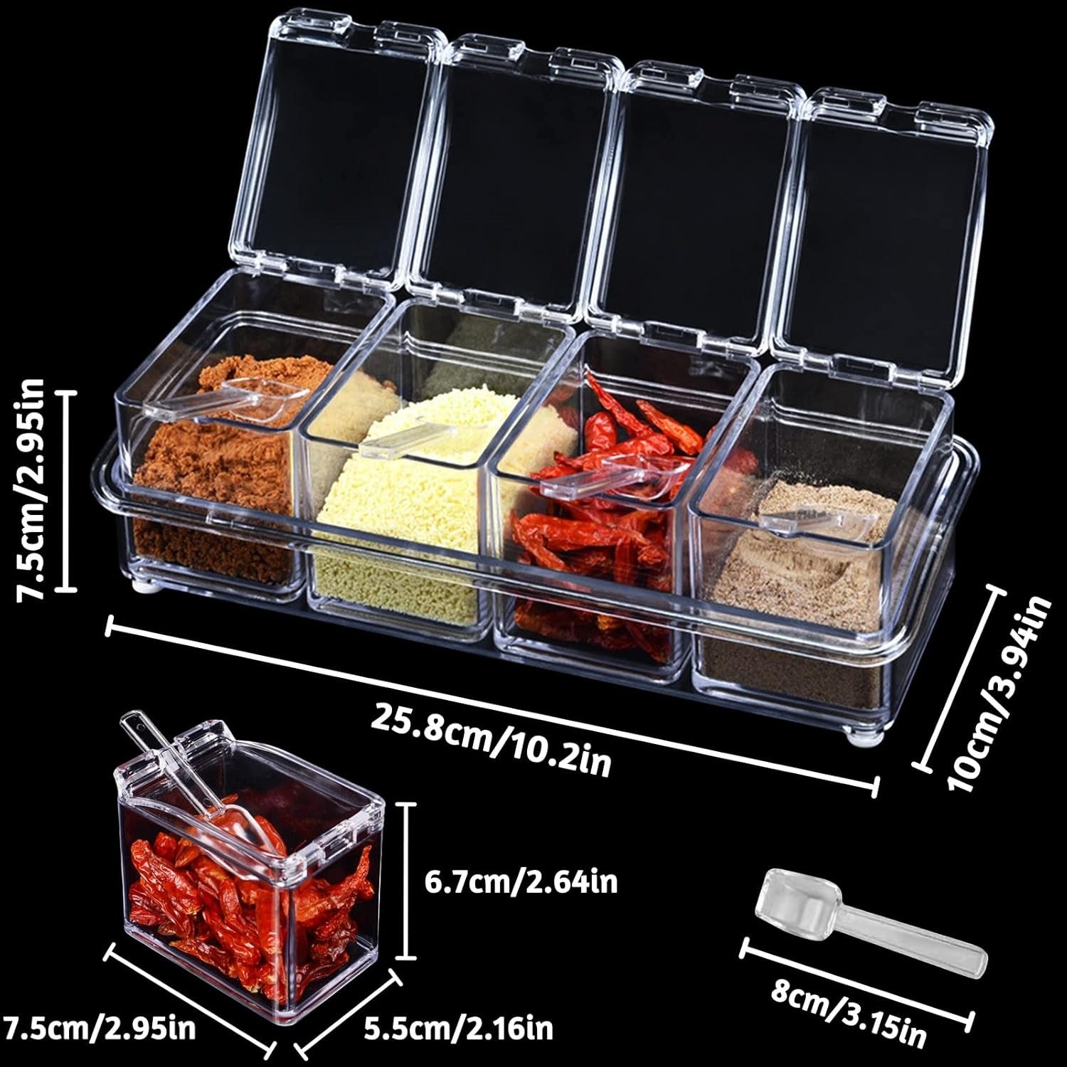 Crystal Seasoning Box With 4 Compartments And Spoons �Transparent Spice Storage Container Set For Kitchen Organization