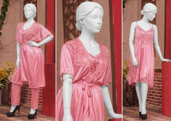 3 Pcs Luxury Silk Nightwear Set with Lace Trim �Satin Sleepwear for Women SKU R-008 (Color Red Free Size)
