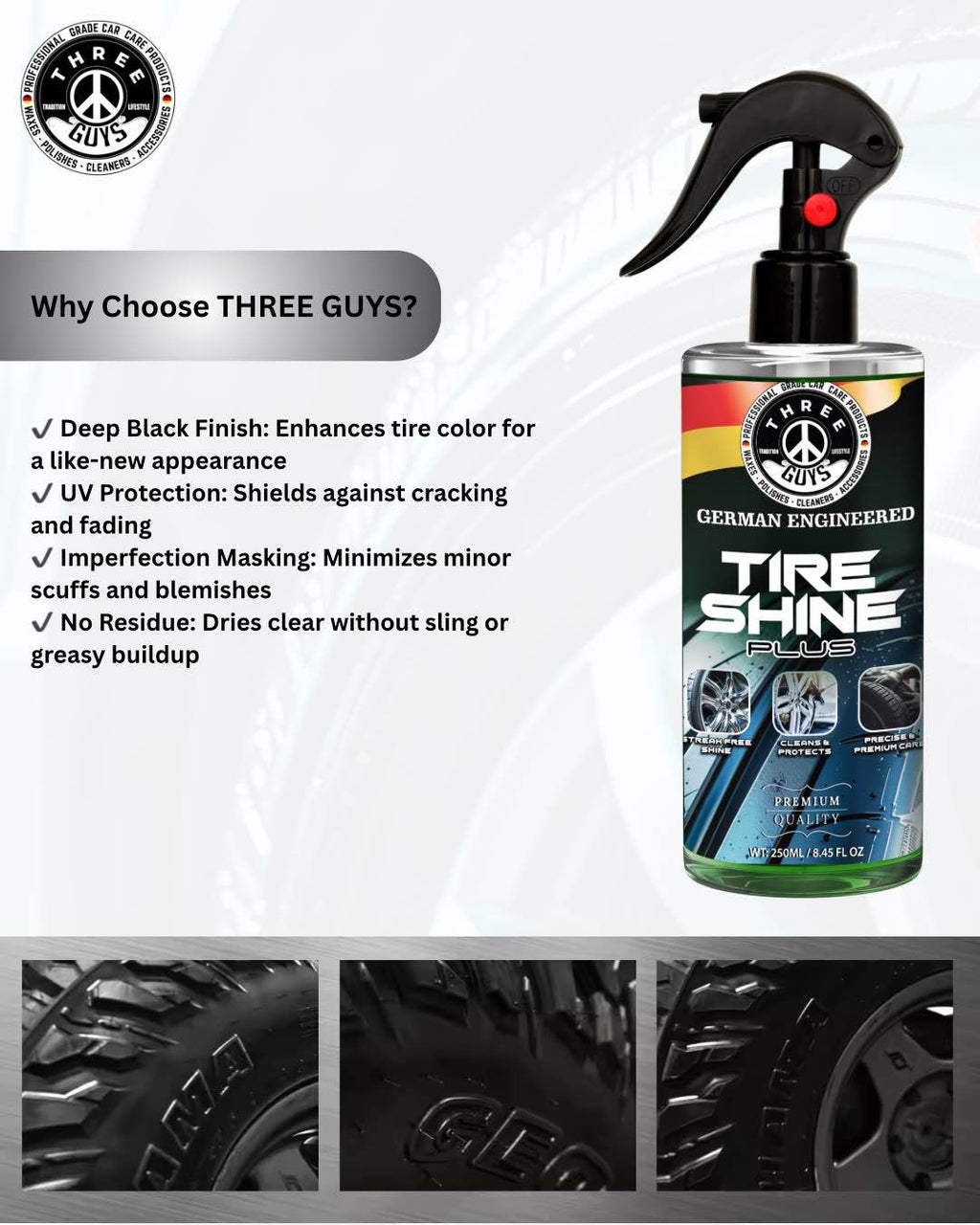 Three Guys Tire Shine Plus 250ml �Streak-Free Shine Cleans And Protects Long-Lasting Wet Look Premium Tire Care Spray
