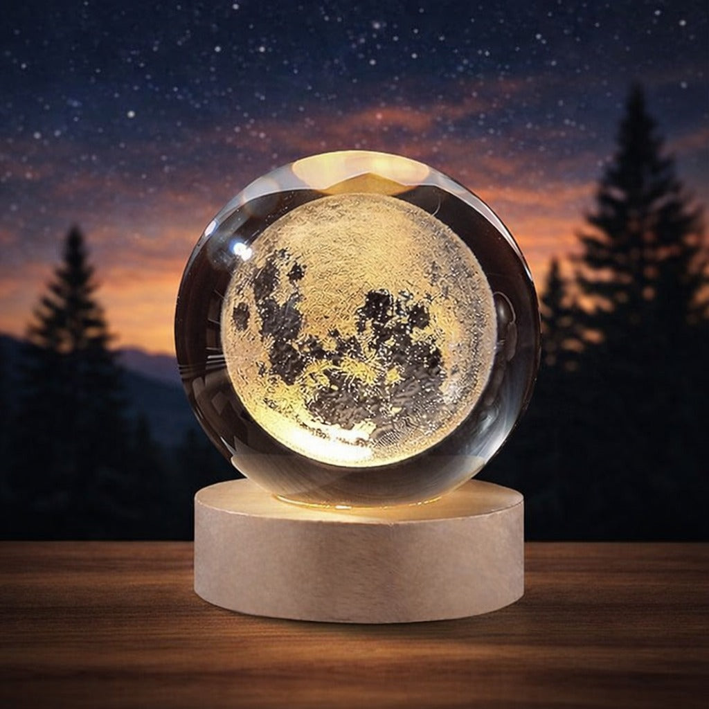 3D Galaxy Crystal Ball Lamp with Wooden LED Base �Decorative Night Light (Only Moon Shape)