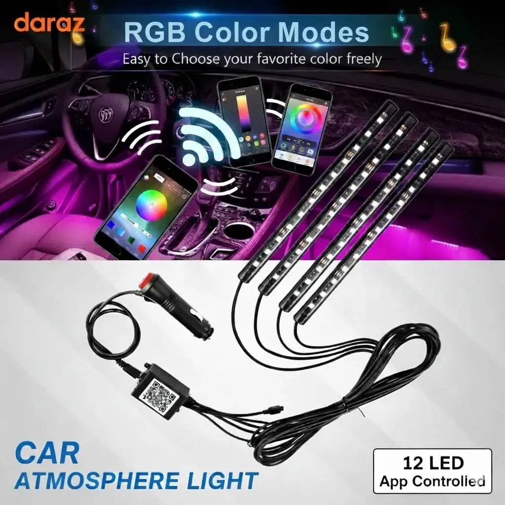 Car Atmosphere Light (12 LED Model) �Smart RGB Ambient Interior Lighting | App-Controlled LED Foot & Backlight | 12V Universal Car Mood Light