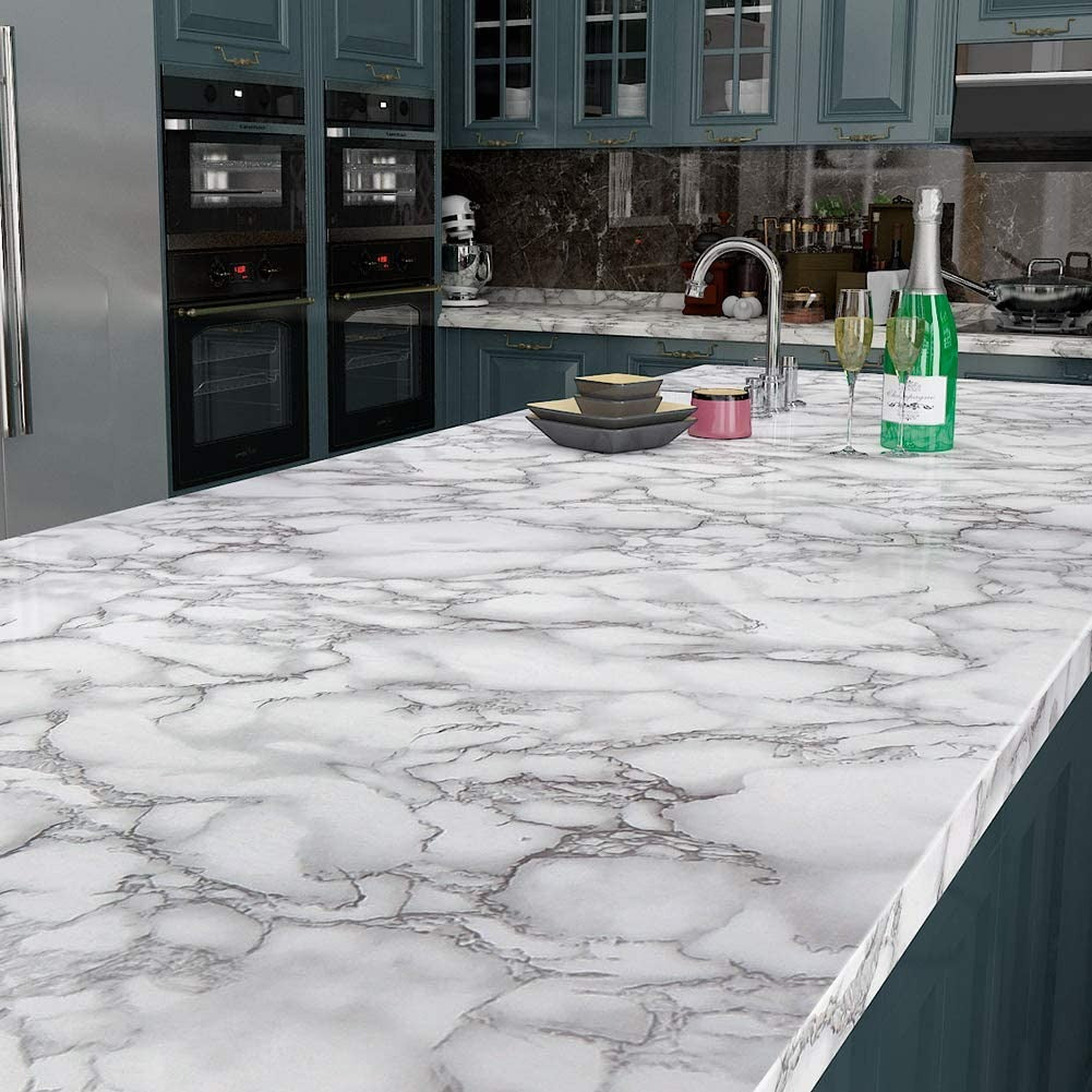 Self Adhesive White Marble Sheet For Kitchen �Waterproof, Heat And Oil Resistant Wallpap er For Countertops, Cabinets, And Furniture(60x200)