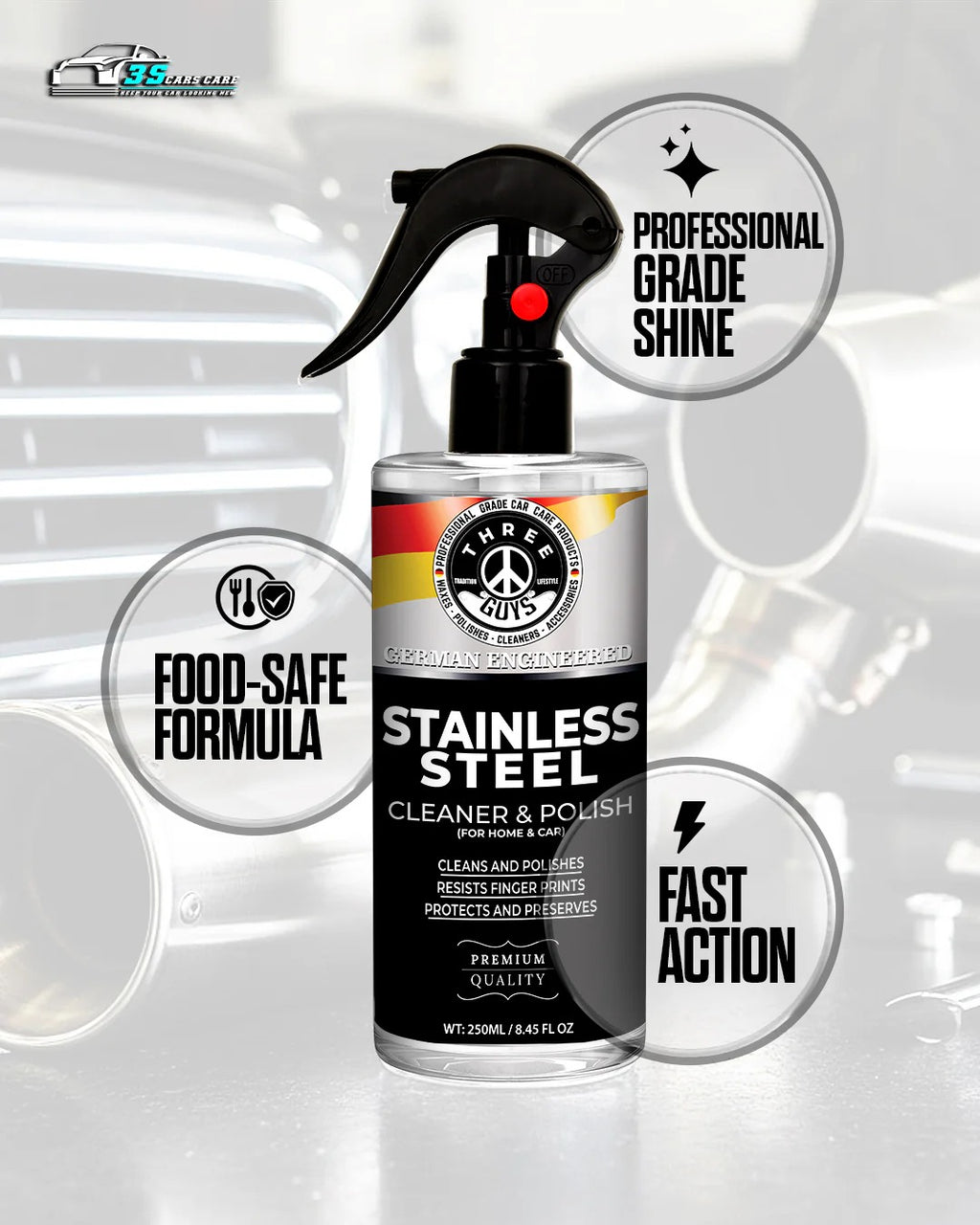 Stainless Steel Cleaner & Polish �Fingerprint Remover & Protective Shine Spray | THREE GUYS - German Engineered (250) ML