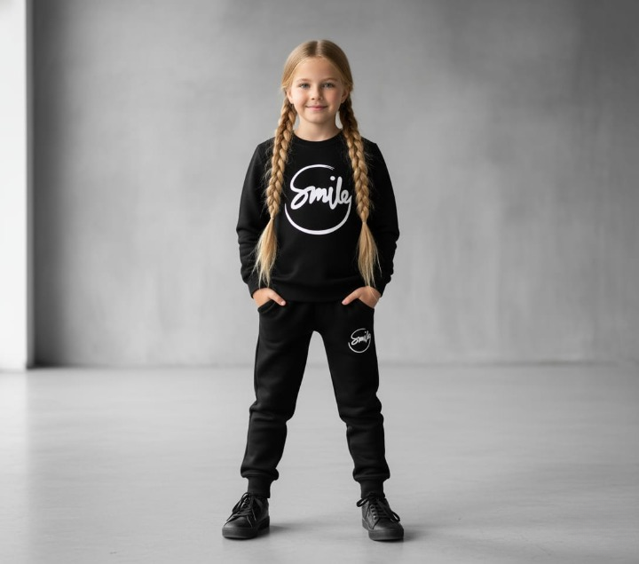 Kids SMILE Printed Stylish Black & Black Tracksuit Set | Winter Fleece Sweatshirt & Trouser Outfit for Boys & Girls �Warm & Trendy small