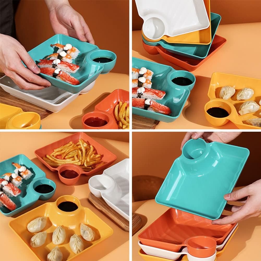 4-Piece Colorful Serving Platter Set �BPA-Free Snack, Sushi, Appetizer & Dessert Plates with Built-in Dipping Bowls for Parties & Everyday Use (Random Color)