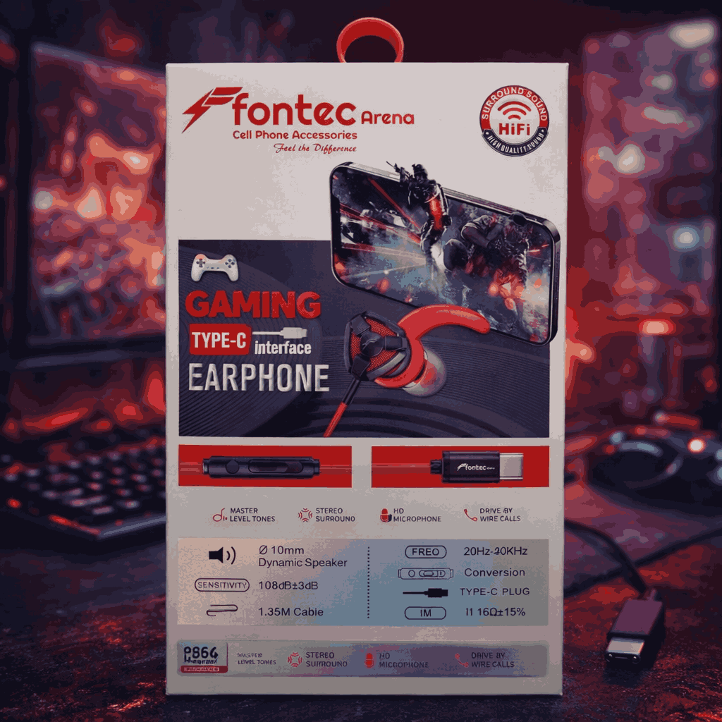 Fontec Arena Type-C Gaming Earphones with Detachable Mic �HiFi Stereo Surround Wired Handsfree for Type-C Devices (Random Color)