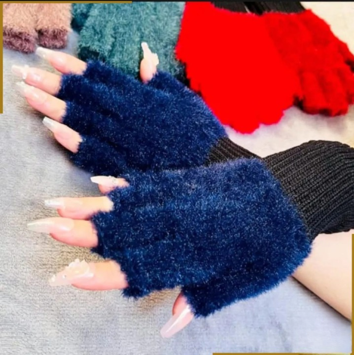 Winter Half Finger Pair Gloves For Women Plush Warm Fingerless Pair Gloves In Multicolor (Random Color)