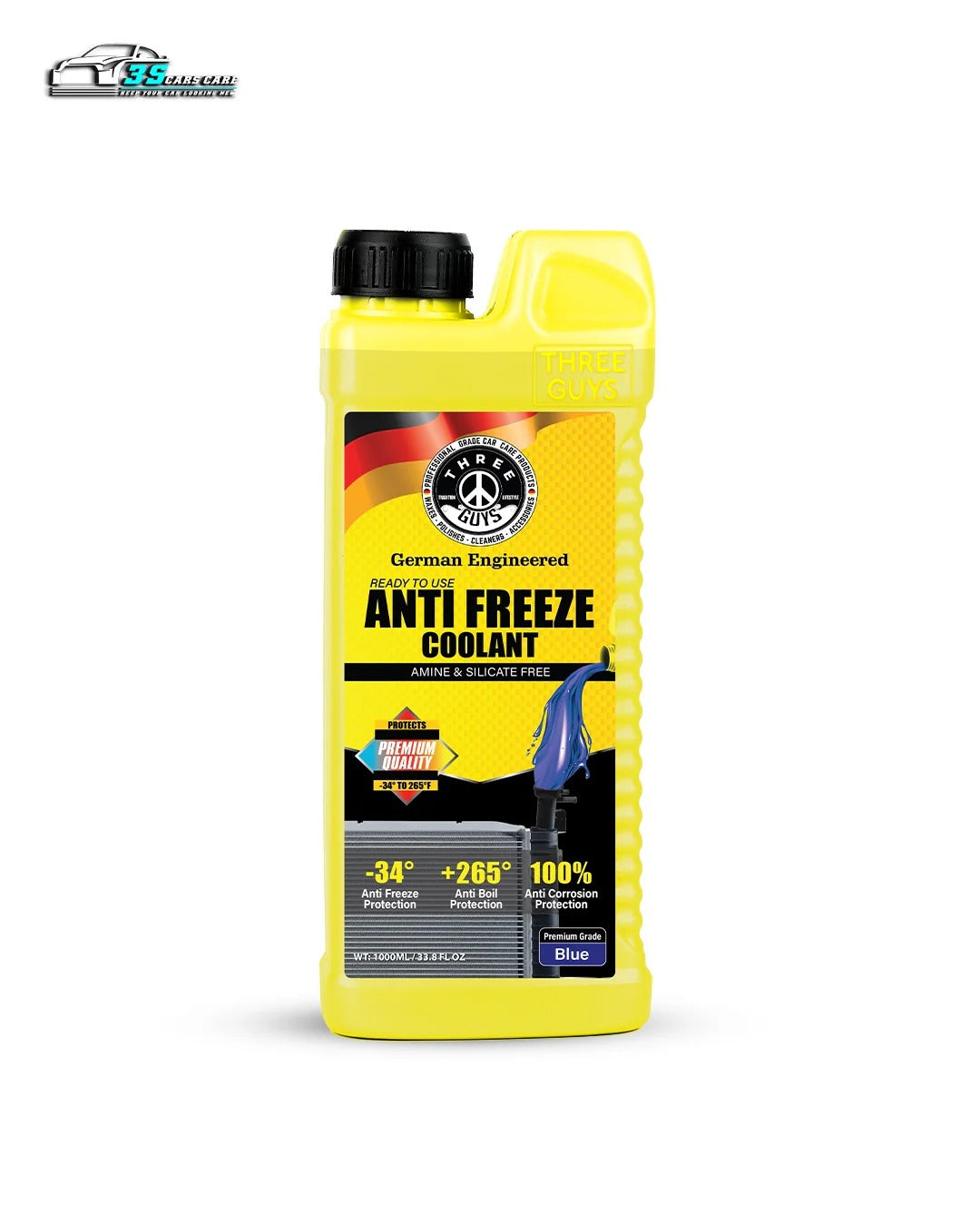 THREE GUYS Antifreeze Coolant Blue �Premium Grade HOAT Coolant | Long-Life Radiator Fluid | Engine Overheat & Freeze Protection | Ready-to-Use Formula (1000) ML