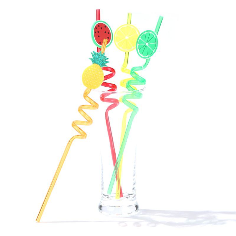 4Pcs Cartoon Lime Lemon Pineapple Watermelon Plastic Spiral Drinking Straws Children (random color )