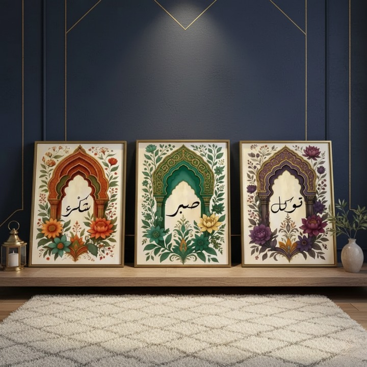 Tawakkul | Sabar | Shukar Wooden Sticky Wall Art �3 Piece Islamic Motivational Frame Set, 8x11 inch Each with Easy Sticky Tape Installation