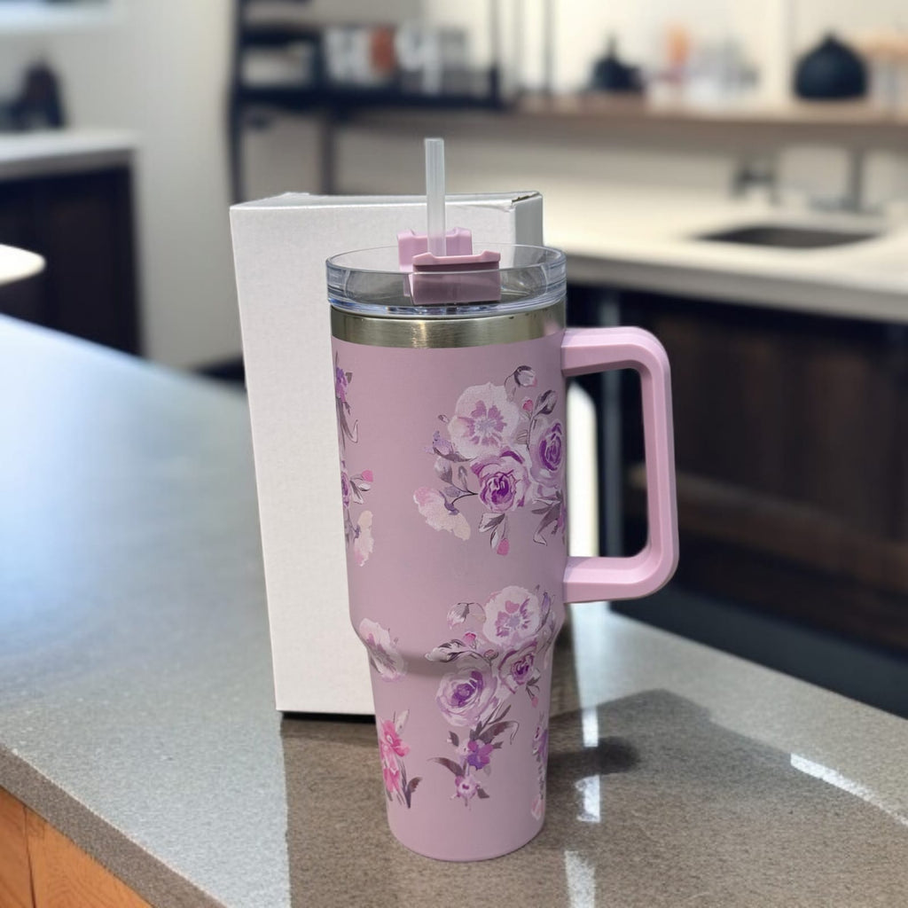 Floral Insulated Travel Tumbler with Ergonomic Handle and Leak-Resistant Lid �40oz Double-Wall Vacuum Flask ( Random Color )