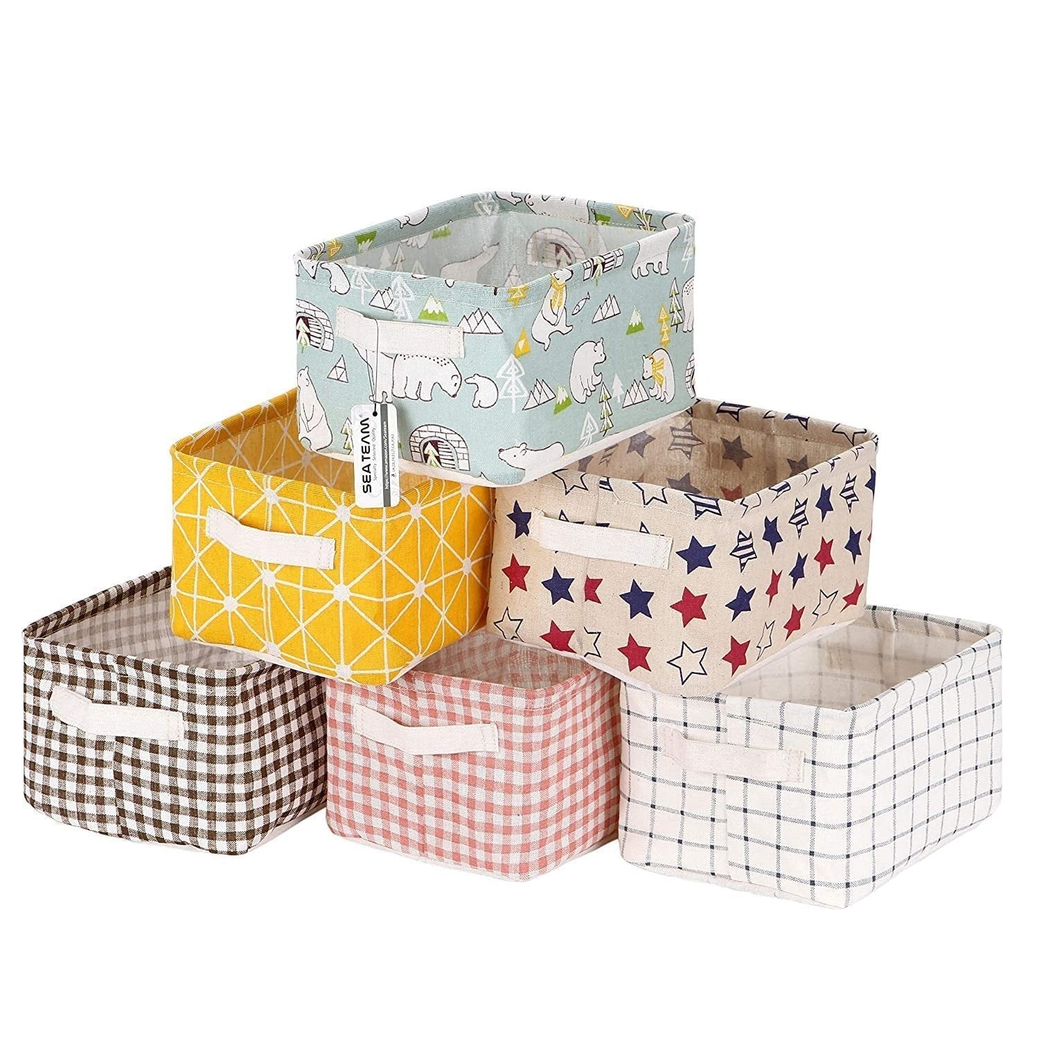 Foldable Desktop Storage Basket | Waterproof Cotton Linen Organizer | Mini Square with Handles (Random Colour And Design)