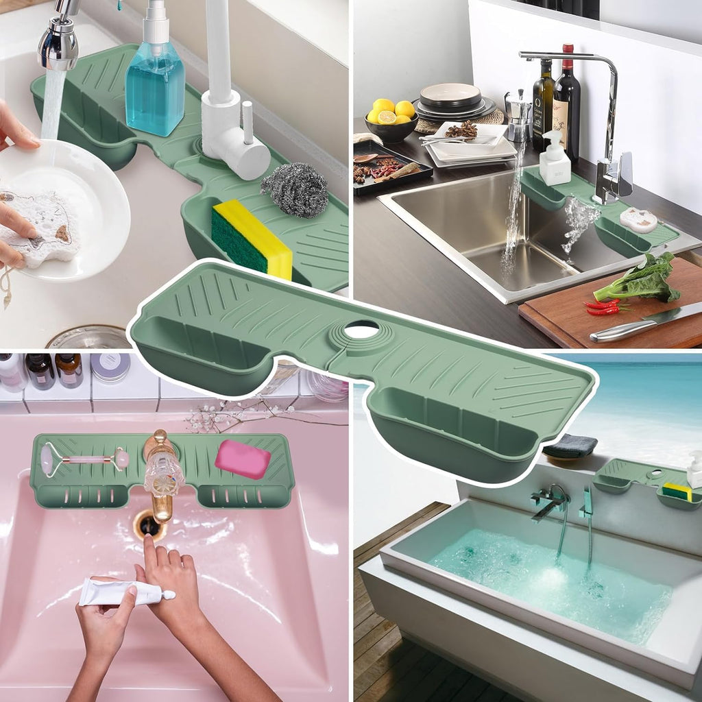 Silicone Faucet Splash Guard Mat with Sponge Holder �Green Sink Water Catcher & Kitchen Organizer